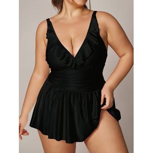 Elegante Tankini set- Plus Size aan Ruches Tankini- 2 delige Badjurk Zwemjurk Badpak Bikini 002-2- Zwart- Maat 3XL