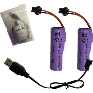 Huntex 14500 Li-ion 3.7V 500mAh Accu (2 Stuks) met SM-2P Plug en USB Oplaadkabel – Voor RC Voertuigen, Trucks en Boten
