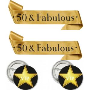 50 & Fabulous set met 2 gouden sjerpen en 2 buttons VIP Star - jubileum - 50 - sjerp - fabulous - button