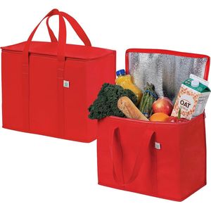 2 stuks herbruikbare koeltassen, geïsoleerde tassen, grote boodschappentassen met robuuste handgrepen, dubbele ritssluitingen, deksel, rechtopstaand, opvouwbaar, (rood, 2 stuks)