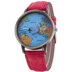 Hidzo Horloge Wereldkaart - Ø 38 mm - Rood - kunstleer