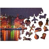 Wooden City Amsterdam bij Nacht XL - Houten Vormpuzzel - 52x38 cm - 600 stukjes