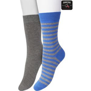 Bonnie Doon Sokken Set Gestreept en Effen voor Dames Blauw/Grijs maat 36/42 - Set met 2 paar Sokken - Strepen - Katoenen Sok - Gladde Naden - Brede Boord - Perfecte Pasvorm - 2-pack - Multipack - Anthracite Heather - Strong Blue - OL041101.366