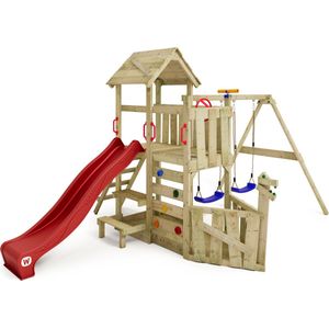 WICKEY speeltoestel klimtoestel GalleyFlyer met houten dak, schommel & rood glijbaan, outdoor klimtoren voor kinderen met zandbak, ladder & speel-accessoires voor de tuin