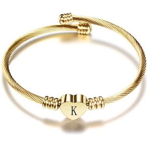 24/7 Jewelry Collection Hart Armband met Letter - Bangle - Initiaal - Goudkleurig - Letter K