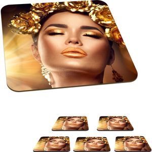 Onderzetters voor glazen - Vrouw - Rozen - Goud - 10x10 cm - Glasonderzetters - 6 stuks