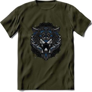 Tijger - Dieren Mandala T-Shirt | Blauw | Grappig Verjaardag Zentangle Dierenkop Cadeau Shirt | Dames - Heren - Unisex | Wildlife Tshirt Kleding Kado | - Leger Groen - S
