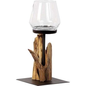 Kaars houder - Windlicht - Hurricanlight Raisa - Zwart Metaal/Teak - Hoogte 40 cm