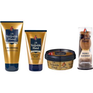 Vergulde Hand 4 Delige Set - After Shave Balsem / Orginele Scheerkwast / Scheerzeep / Douchegel