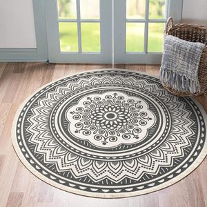 120 cm rond tapijt, katoenen tapijt met kwastjes, wasbaar mandala-bedrukt tapijt, Boheems Marokko, modern tapijt voor slaapkamer, woonkamer, keuken