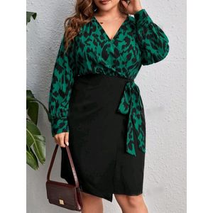 Sexy elegant corrigerende lichte stretch wikkeljurk jurk zwart met groen plus size maat 2XL eu 48