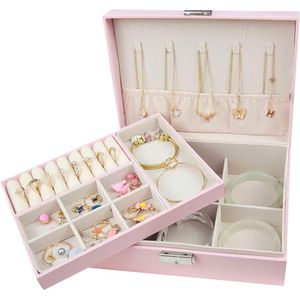 2-laags juwelendoos met slot voor dames - PU lederen sieradenopslag - verwijderbare lade - oorbellen kettingen ringen armbanden - roze