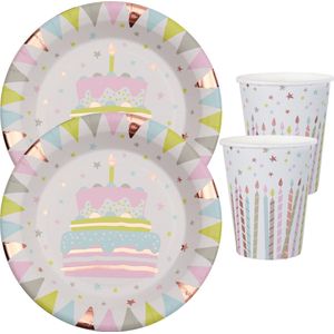 Feest wegwerp servies set - verjaardagstaart - 20x bordjes / 20x bekers - wit/rose goud