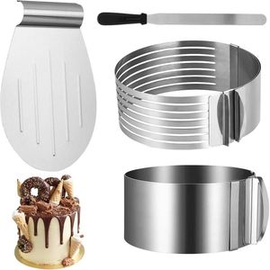 Taartringenset, 4-delig, taartbodem snijhulp + Ø 16-30 taartring verstelbaar + taartmes lang + Ø 24-30 taartschep roestvrij staal, taartsnijhulp, bakaccessoires voor keuken bakken