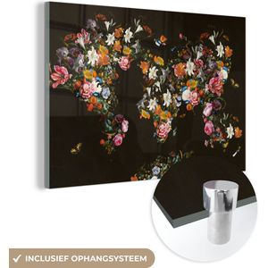 MuchoWow® Glasschilderij 30x20 cm - Schilderij acrylglas - Wereldkaart - Bloemen - Vlinder - Zwart - Foto op glas - Schilderijen