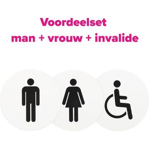 Wc bordjes – Voordeelset van 3 - Man - Vrouw – Genderneutraal - Rond – Wit met Zwart – 10 x 10 cm - Toilet bordje – Deurbord – Zelfklevend