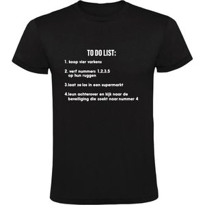 Grappige to do list | Heren T-shirt | Humor | to do lijst | grappig | varkens | beesten | supermarkt | winkel | beveiliger | Zwart