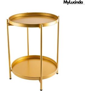 Mylucinda® - Luxe 2-Tier Ronde Bijzettafel - Metalen Tafel met Afneembaar Dienblad - Voor Woonkamer - Gouden Afwerking