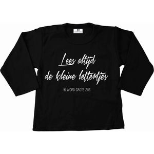 Shirt grote zus-zwart-lees altijd de kleine lettertjes-bekendmaking zwangerschap-Maat 110/116