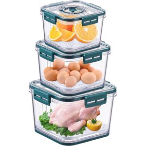 Koelkast-organizer, 3-delige set, koelkastorganizer, opslag voor fruit, groenten, granen, met interne afdruipplank en ontluchtingsgat, instelbare tijd en datum, BPA-vrij