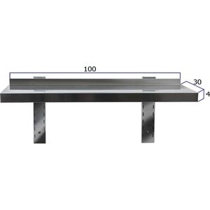 HCB® - Professionele Wandschap van metaal - Wandschap - RVS / INOX - Muurplank - wandplank - Horeca - 30x100x4 cm (DxBxH) - 15 kg - 8882