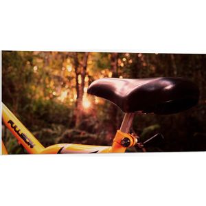 WallClassics - PVC Schuimplaat - Zadel van Gele Fiets in het Bos - 100x50 cm Foto op PVC Schuimplaat (Met Ophangsysteem)