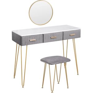 Furnibella - Make-uptafel met kruk en spiegel, kaptafel met schuifladen, groot tafelblad van 100 x 40 cm, moderne make-uptafel voor slaapkamer, grijs MB6080gr