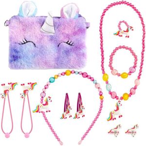 Eenhoorn Sieradenset voor Meisjes - Halsketting, Armband, Ring - Pluche Eenhoorn - Verjaardagscadeau (Paars)