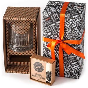 Whiskey Cadeau Set | Vintage Old Fashioned Whiskey Glas | 12 stuks Whiskey Stenen met speciaal zakje | Perfecte Cadeau voor Echte Mannen | Verjaardagscadeaus voor Hem