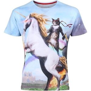 Awesome kat met eenhoorn en explosies Festival shirt - Maat: XL - Crew neck - Feestkleding - Festival Outfit - Fout Feest - T-shirt voor festivals - Rave party kleding - Rave outfit - Kattenshirt - Nineties