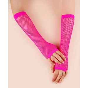 Vingerloze Lange Visnet Handschoenen FLUO NEON ROZE dames | One Size | Carnaval outfit | Nethandschoenen | Visgraat | Fishnet | Carnavalskleding | Kamping Kitch | Foute Party accessoire | Verkleden