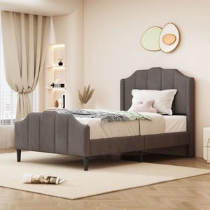 Merax Gestoffeerd Kinderbed 90x200 cm - Eenpersoonsbed met Hoofdbord en Lattenbodem - Grijs Velvet