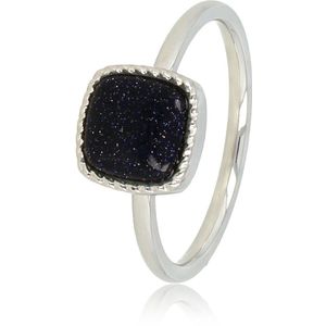 *My Bendel - Zilverkleurige ring met vierkanten Blue Sandstone edelsteen - Bijzondere zegelring met sprankelende Blue Sandstone edelsteen - Met luxe cadeauverpakking