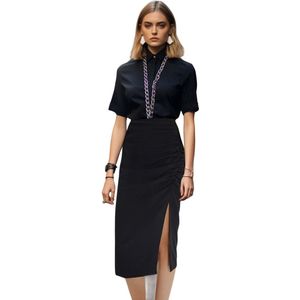 Trendyol Lichtkaki Midi-Geweven Kokerrok Met Verzameld Splitdetail Twoss20Et0045