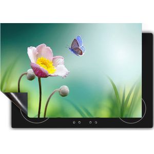 Chefcare Inductie Beschermer Roze Anemoon Bloem met een Blauwe Vlinder - 60x52 cm - Afdekplaat Inductie - Kookplaat Beschermer - Inductie Mat