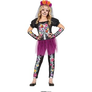 Guirca - Spaans & Mexicaans Kostuum - Tuintje Op Je Buik Skelet - Meisje - Paars, Zwart - 10 - 12 jaar - Halloween - Verkleedkleding