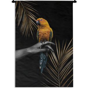Wandkleed VogelKerst illustraties - Kleurrijke vogel tegen een zwarte achtergrond Wandkleed katoen 60x90 cm - Wandtapijt met foto