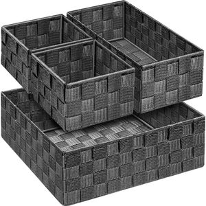 Opbergmand, dozen voor planken, badkamer, lade, organizer, opbergdoos, verdeler met duurzaam metalen frame voor kast, set van 4, donkergrijs