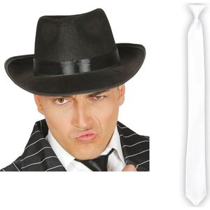 Carnaval verkleed set compleet - gangster/maffia hoedje met stropdas - zwart/wit - volwassenen - verkleedkleding