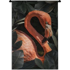 Wandkleed FlamingoKerst illustraties - Portret van een flamingo tussen de bladeren Wandkleed katoen 90x135 cm - Wandtapijt met foto