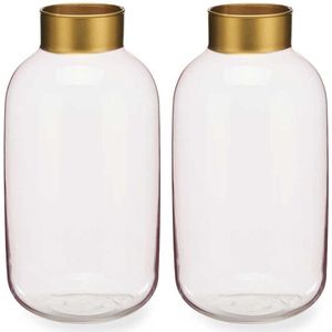 Giftdecor - Bloemenvazen 2x stuks - Glas - roze transparant/goud - 14 x 30 cm