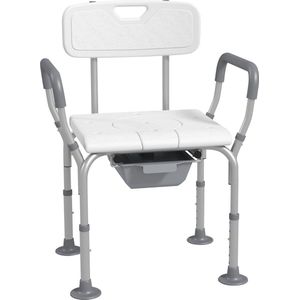 Douchestoel, douchezitje, geboorde stoel met toiletemmer, in hoogte verstelbaar, antislip voeten, armleuningen, max. draagkracht: 136 kg, voor ouderen en gehandicapten, aluminium, HDPE, wit