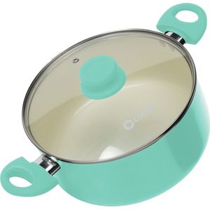 COOCK Kookpan met deksel - 5000ml - Inductie - Speciale Anti-Aanbak Coating - Ergonomische Koudgrepen - Gerecycled Aluminium - Turquoise/Wit - Inclusief E-book