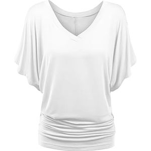 ASTRADAVI Damesmode - Top - Elegant V-hals shirt met vleermuismouwen - Batwing Blouse met met elastische zijkanten - Wit / Small