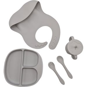 Dinerset - Kinderserviesset - 5 delig kinderserviesset - Siliconen slab met opvangbakje - diner - Kinderbestek - Bestekset - kinderservies - kraamcadeau - baby - kind - servies - babyservies - eten - drinken - dinerset - diner - kraampakket - Grijs