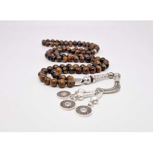Handgemaakte tesbih natuursteen ""Tijgeroog"" - Aantal kralen 99 - Diameter kralen 8MM - met metaal tassel ""Omarmen"" - Een mooi cadeau-idee