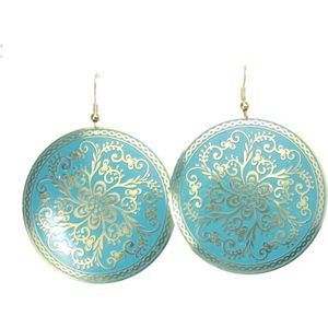 Behave - Oorhangers - Rond - Turqoise Blauw met Goudkleur - Bloemmotief