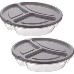2x Lunchboxen/bewaarbakjes rond 3- vaks licht grijs met deksel 2.6 liter - Keukenbenodigdheden - Eten bewaren - Vershoudbakjes