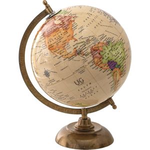 HAES DECO - Decoratieve Wereldbol met metalen koperkleurige voet - formaat 22x30cm - kleuren Beige / Oranje / Groen - Vintage Wereldbol, Globe, Aarbol