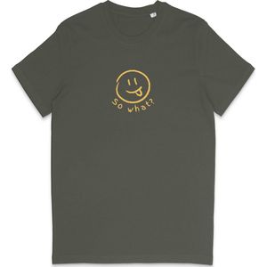 Grappig Heren Dames T Shirt So What? Nou En? - Minimalistische Smiley Print - Khaki Groen - M